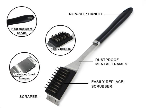 Replaceable Stainless Steel Bristles Head Barbecue Brush and Scraper