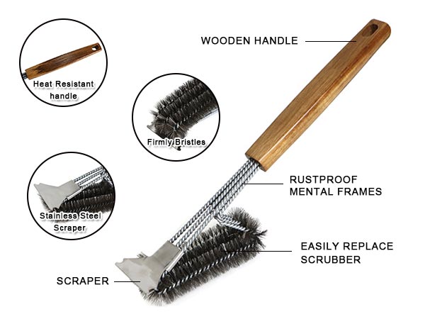 Outdoor Barbecue Grill Brush Cleaner with Wooden Handle